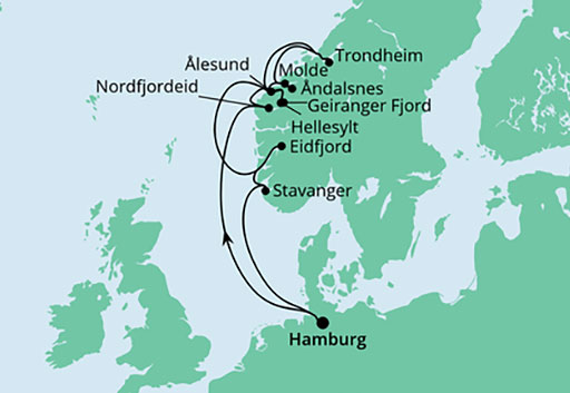 mapa AIDAperla rejs Dostojne Fiordy Norwegii 1