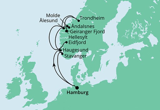 mapa AIDAperla rejs Dostojne Fiordy Norwegii
