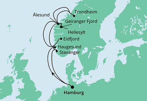 mapa AIDAperla rejs Norweskie Legendy