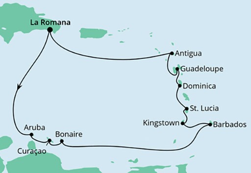 mapa AIDAperla rejs Wyspy Karaibskie