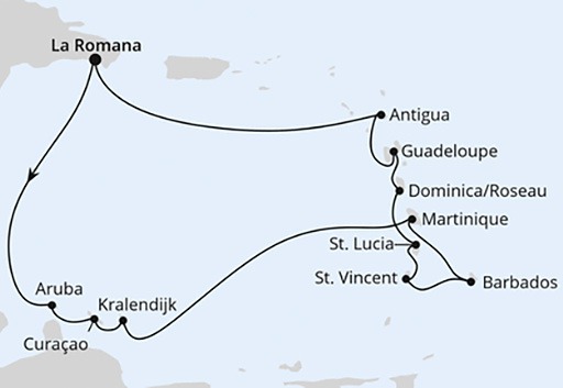 mapa AIDAperla rejs Wyspy Karaibskie z Dominikany