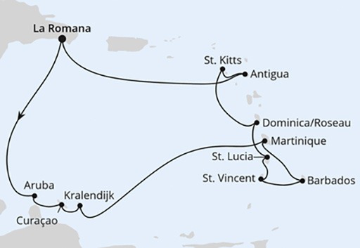 mapa AIDAperla rejs Wyspy Karaibskie z Dominikany