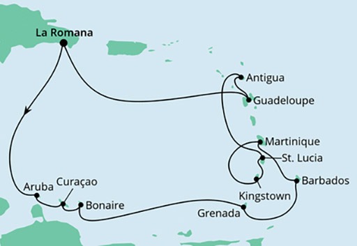 mapa AIDAperla rejs Wyspy Karaibskie i Dominikana
