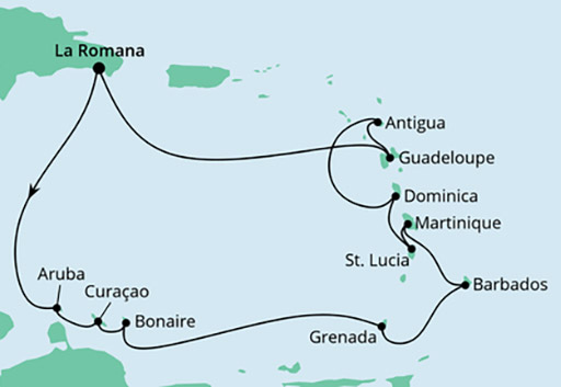mapa AIDAperla Wyspy Karaibskie z Dominikany