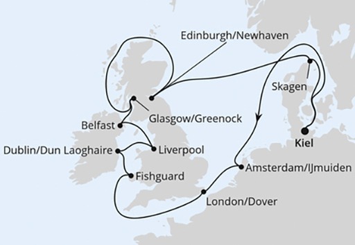 mapa AIDAbella rejs Wielka Brytania i Irlandia