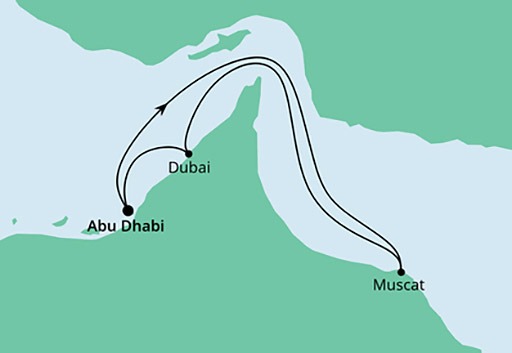 mapa AIDAcosma rejs Arabskie Noce z Abu Zabi