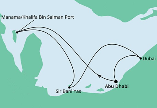 mapa AIDAcosma rejs Orient z Abu Zabi