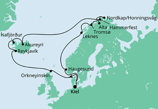 mapa AIDAluna rejs Islandia i Norwegia