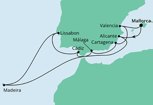 mapa AIDAstella rejs Sylwester na Maderze