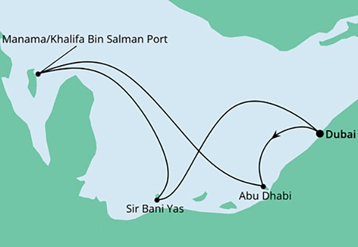 mapa AIDAcosma rejs Orient z Dubaju