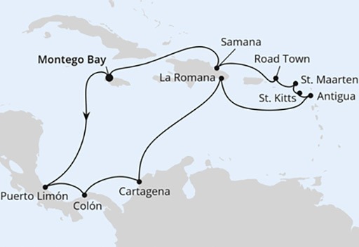 mapa AIDAluna rejs Karaiby i Ameryka Środkowa z Jamajki