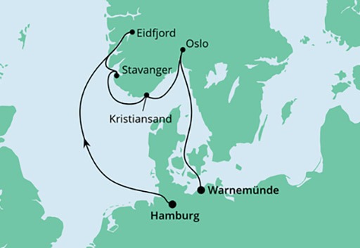 mapa AIDAdiva rejs Wybrzeże Norwegii