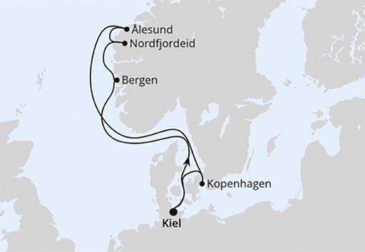 mapa AIDAnova rejs Norwegia z Kilonii