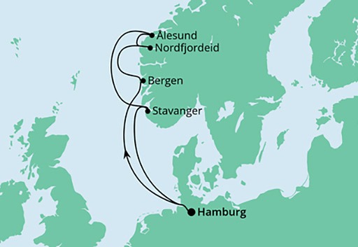 mapa AIDAprima Norwegia z Hamburga