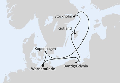 mapa AIDAdiva rejs Szwecja, Polska i Dania