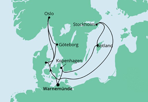 mapa AIDAmar rejs Skandynawskie miasta ze Sztokholmem