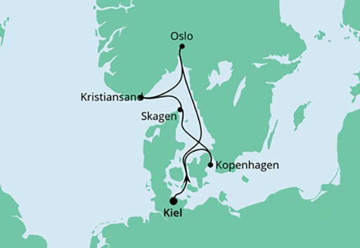 mapa AIDAnova rejs Norwegia i Dania z Kilonii