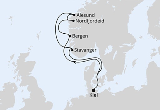 mapa AIDAnova rejs Norwegia z Kilonii