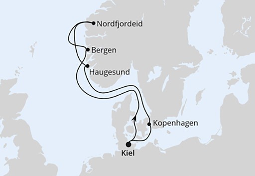 mapa AIDAnova rejs Norwegia z Kilonii