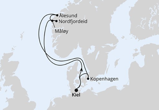 mapa AIDAnova rejs Norwegia z Kilonii