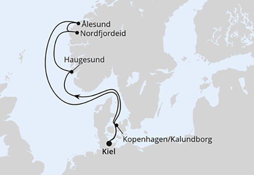 mapa AIDAnova rejs Norwegia z Kilonii