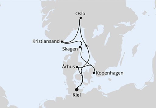 mapa AIDAnova rejs Skandynawia z Kilonii