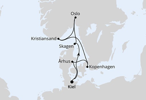 mapa AIDAnova rejs Skandynawia z Kilonii