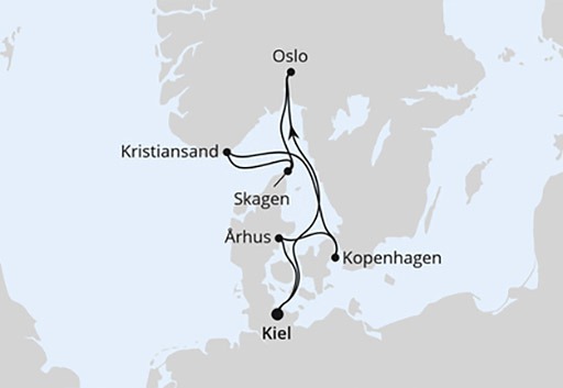 mapa AIDAnova rejs Skandynawia z Kilonii