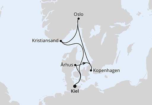 mapa AIDAnova rejs Skandynawia z Kilonii