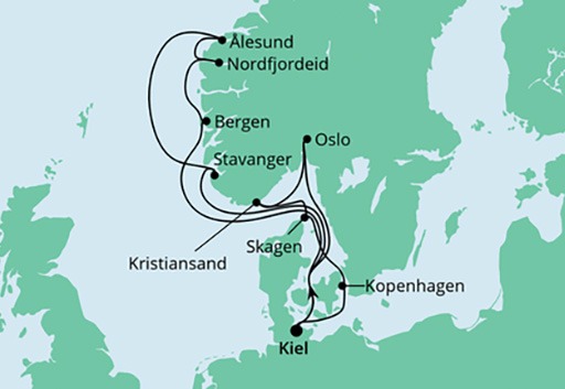 mapa AIDAnova rejs Skandynawia z Kilonii