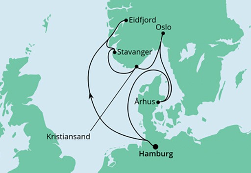 mapa AIDAsol rejs Wybrzeże Norwegii i Dania