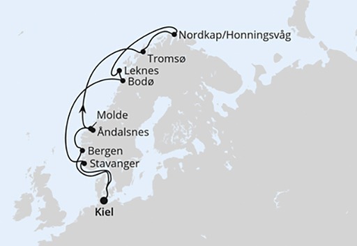 mapa AIDAbella rejs Fiordy, Lofoty i Nordkapp