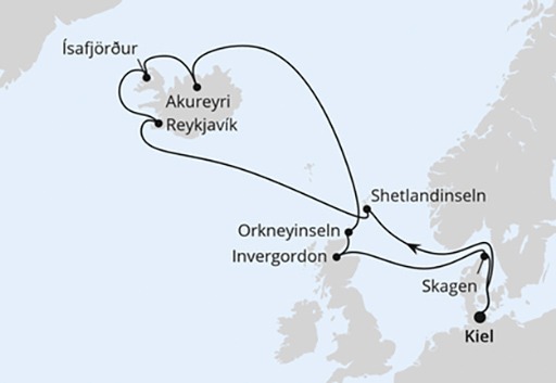 mapa AIDAbella rejs Wyspy Nordyckie z Islandią