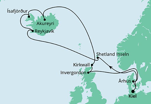 mapa AIDAbella rejs Wyspy Nordyckie z Islandią