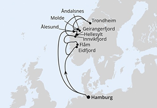 mapa AIDAperla rejs Norweskie Fiordy z Hamburga