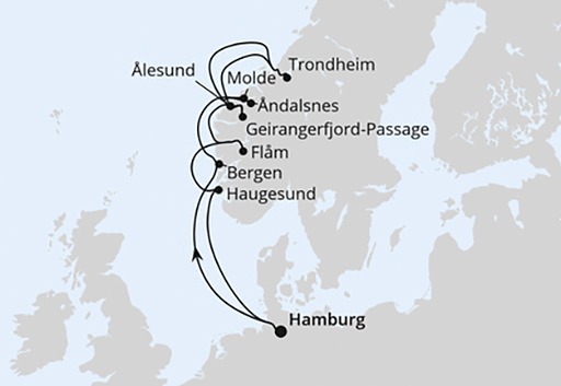 mapa AIDAperla rejs Norweskie Fiordy z Hamburga