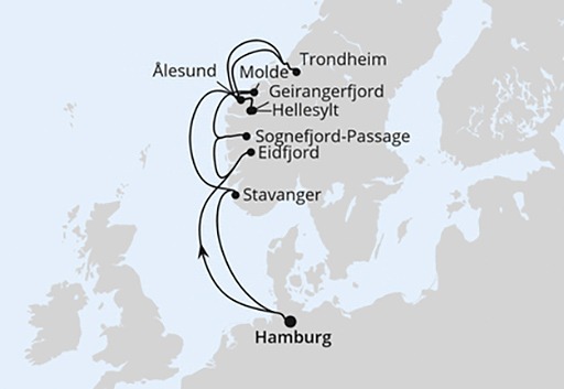 mapa AIDAperla rejs Norwegia z Hamburga