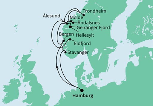 mapa AIDAperla rejs W Krainie Trolii