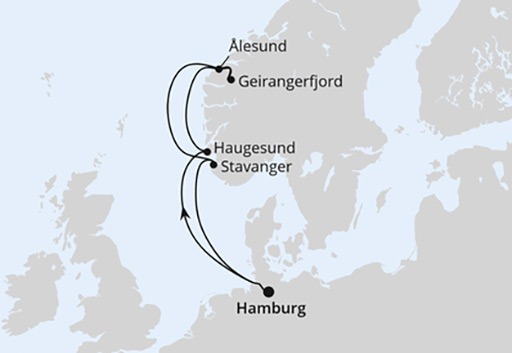 mapa AIDAprima rejs Norwegia z Hamburga