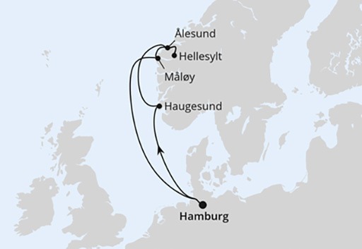 mapa AIDAprima rejs Norwegia z Hamburga