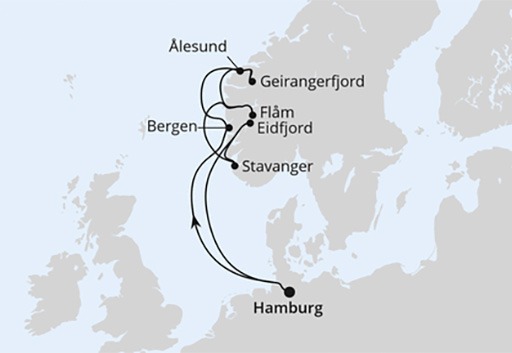 mapa AIDAprima rejs Norweskie Fiordy z Hamburga