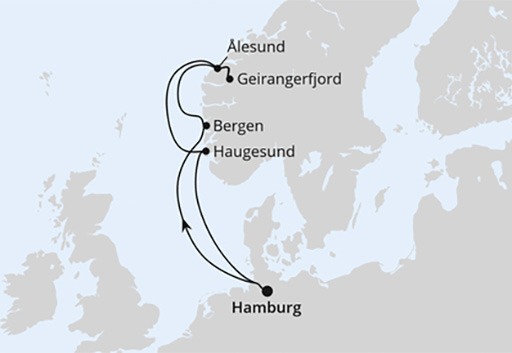 mapa AIDAprima rejs Norweskie Fiordy z Hamburga