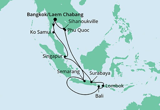 mapa AIDAbella rejs Tajlandia, Indonezja i singapur