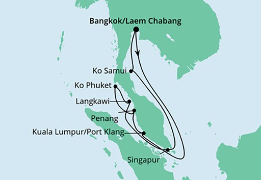 mapa AIDAbella rejs Tajlandia, Malezja i Singapur