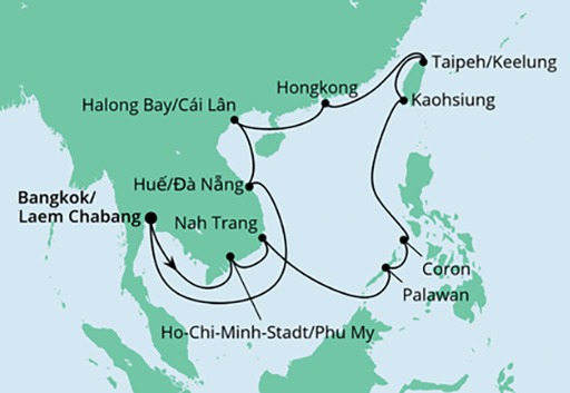 mapa AIDAbella rejs Wietnam, Filipiny i Hongkong