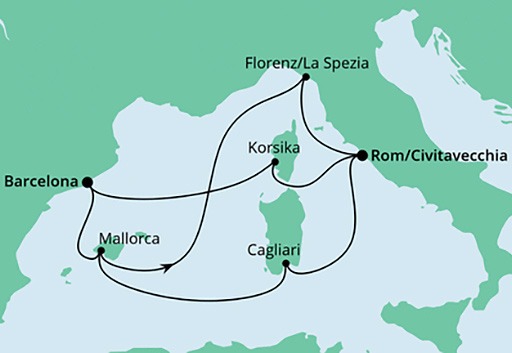 mapa AIDAcosma, rejs Hiszpania, Francja i Włochy