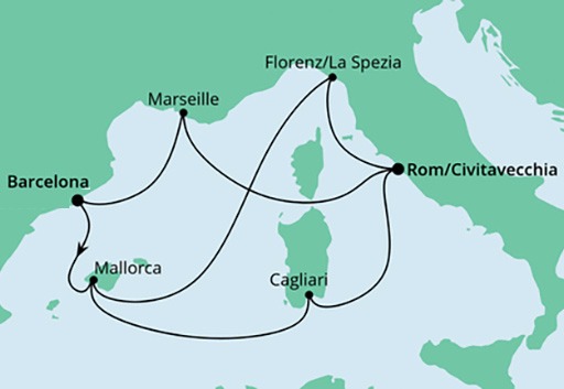 mapa AIDAcosma rejs Hiszpania, Francja i Włochy