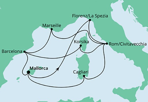 mapa AIDAcosma rejs Śródziemnomorska Wycieczka