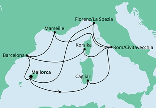 mapa AIDAcosma rejs Śródziemnomorska Wycieczka