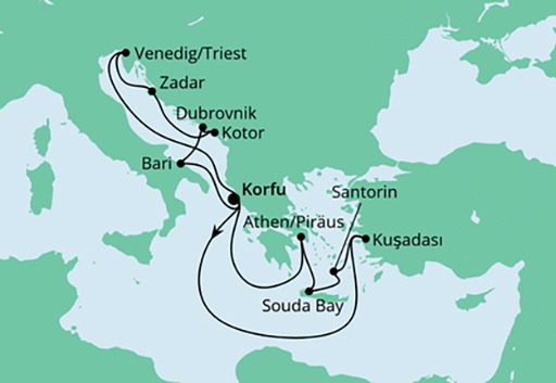 mapa AIDAblu rejs Adriatyk i Grecja
